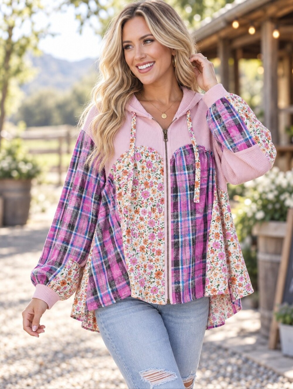 POL Pink Floral Plaid Patchwork Zip Hoodie Medium